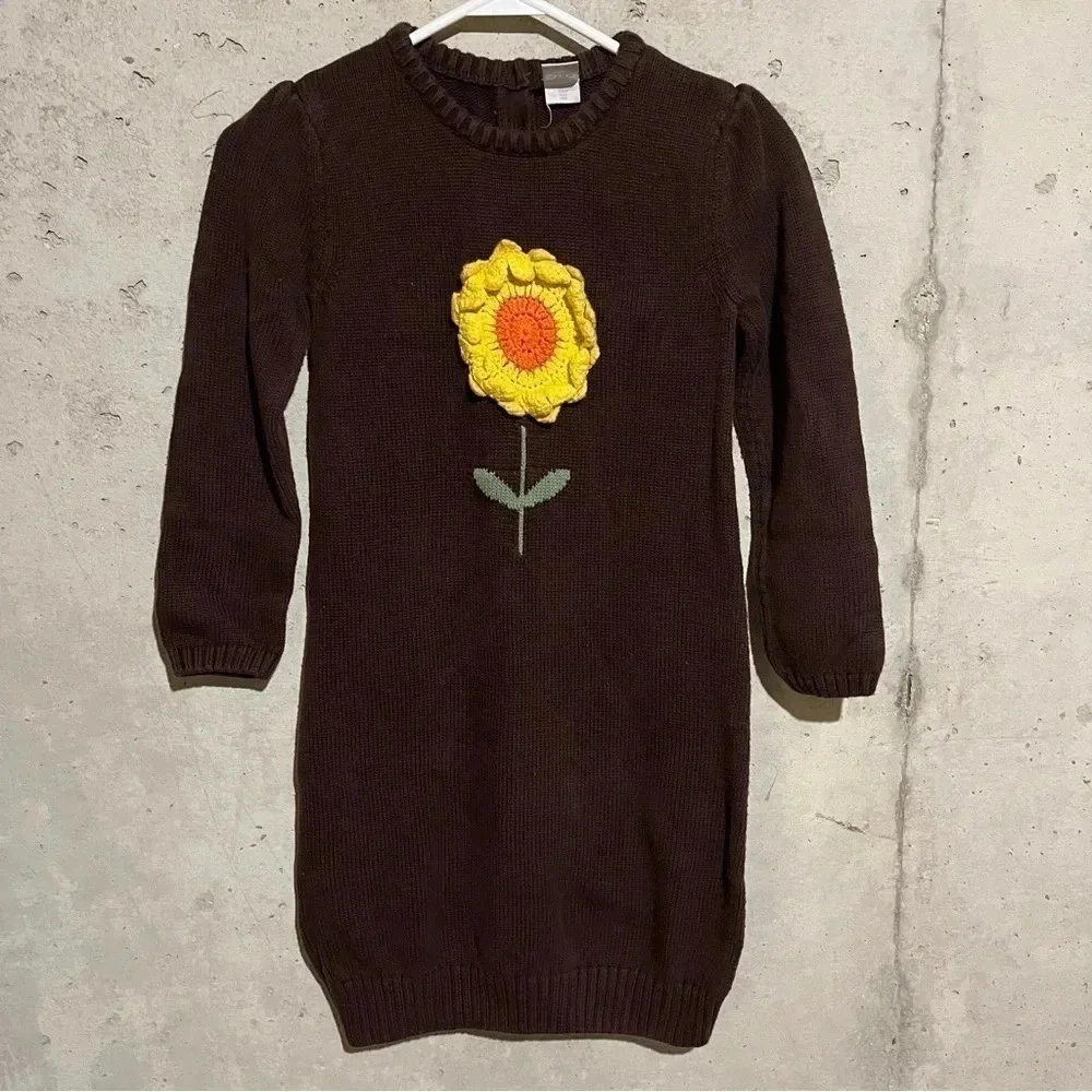 Gymboree Girls 10 Brown Knit Sweater Dress Yellow Flower Long Sleeves